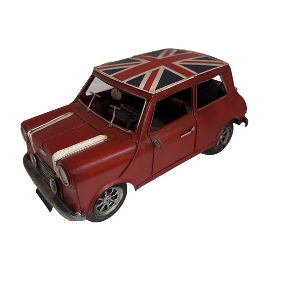 Vtg Classic Red Mini Cooper Retro Tin Model Car w British Flag Roof 11” X 5” - Picture 1 of 7